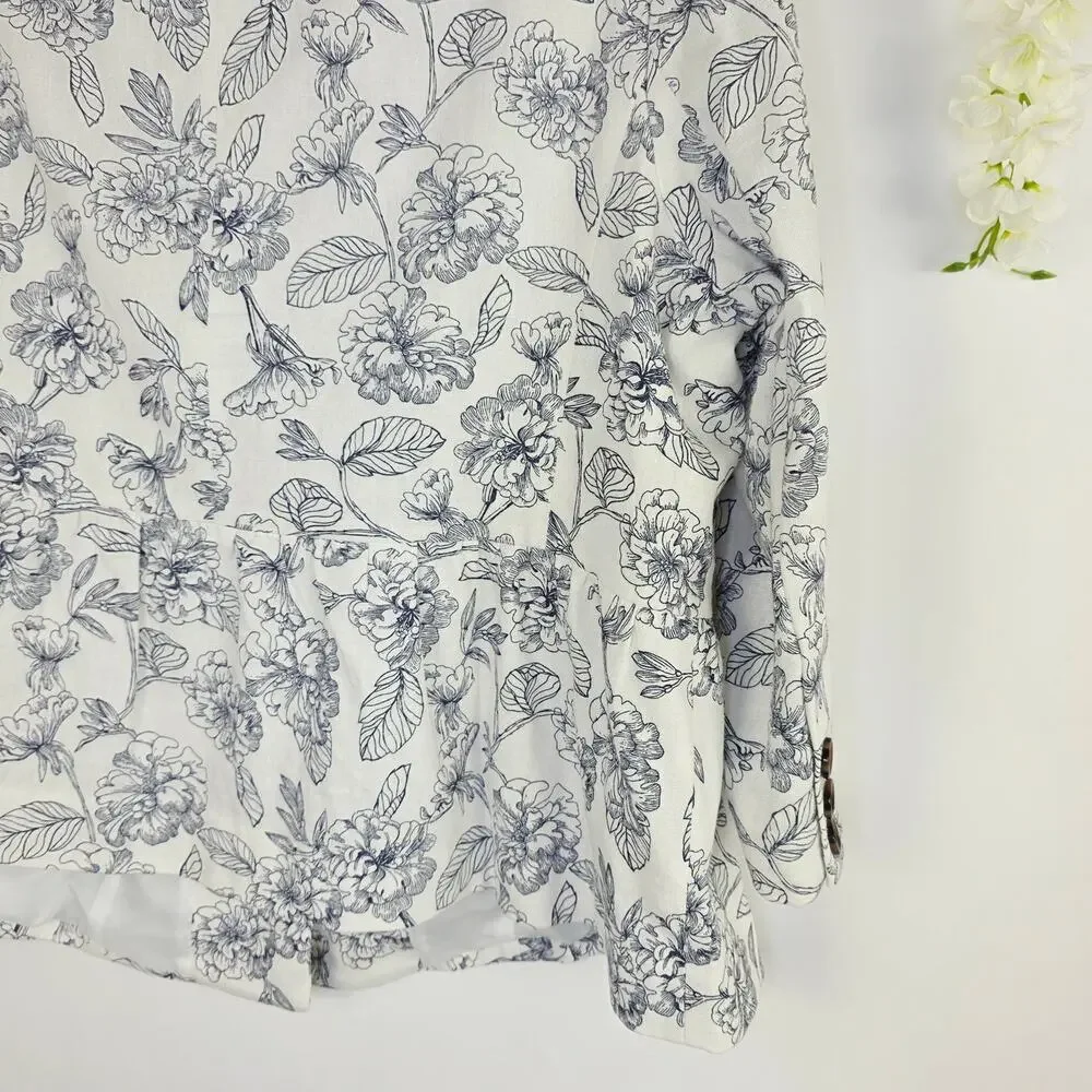 Cato Blazer XL White Gray Floral Linen Blend Lightweight Spring Office Chic
